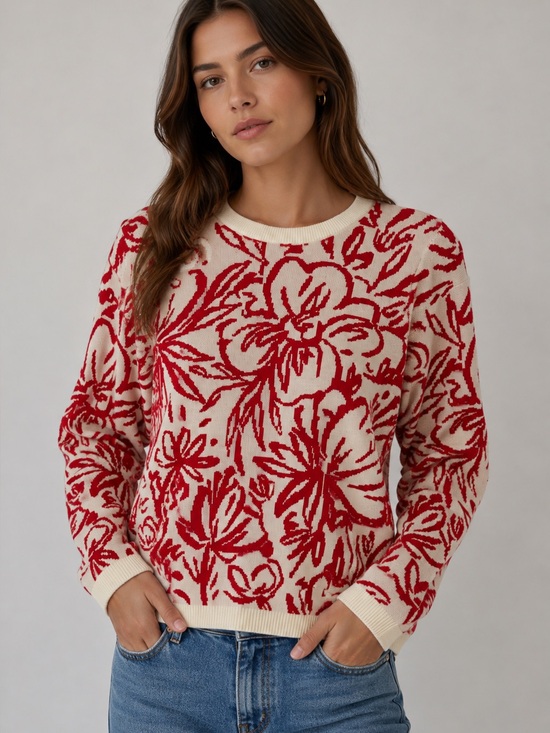 Tahari Sweaters - Tahari Cream and Red Floral Crewneck Sweater